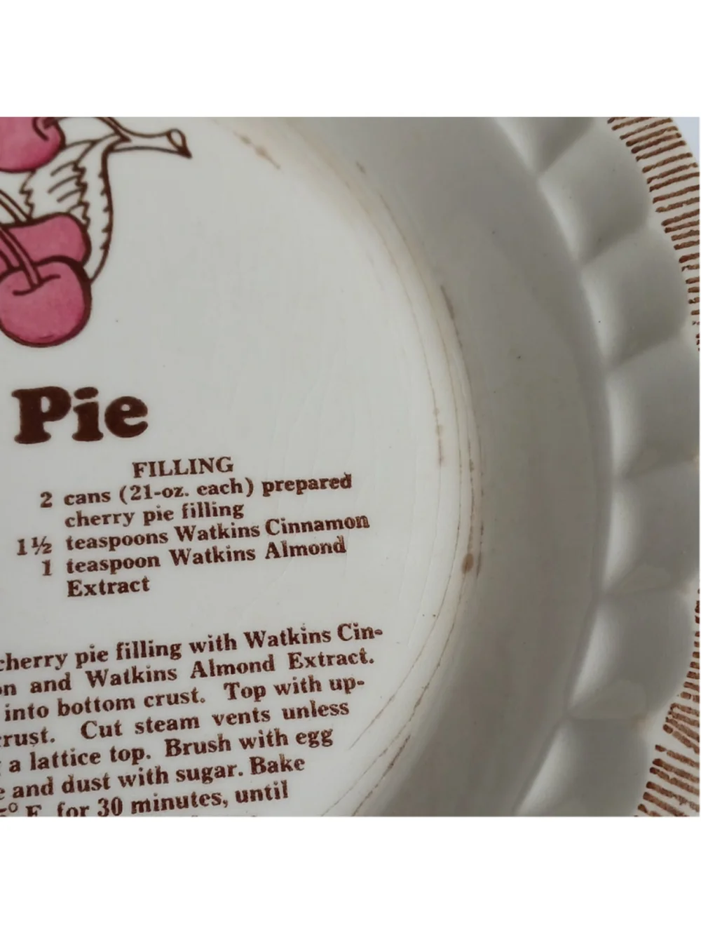 VTG Watkins Cherry Pie Recipe Ceramic Pie Dish 11